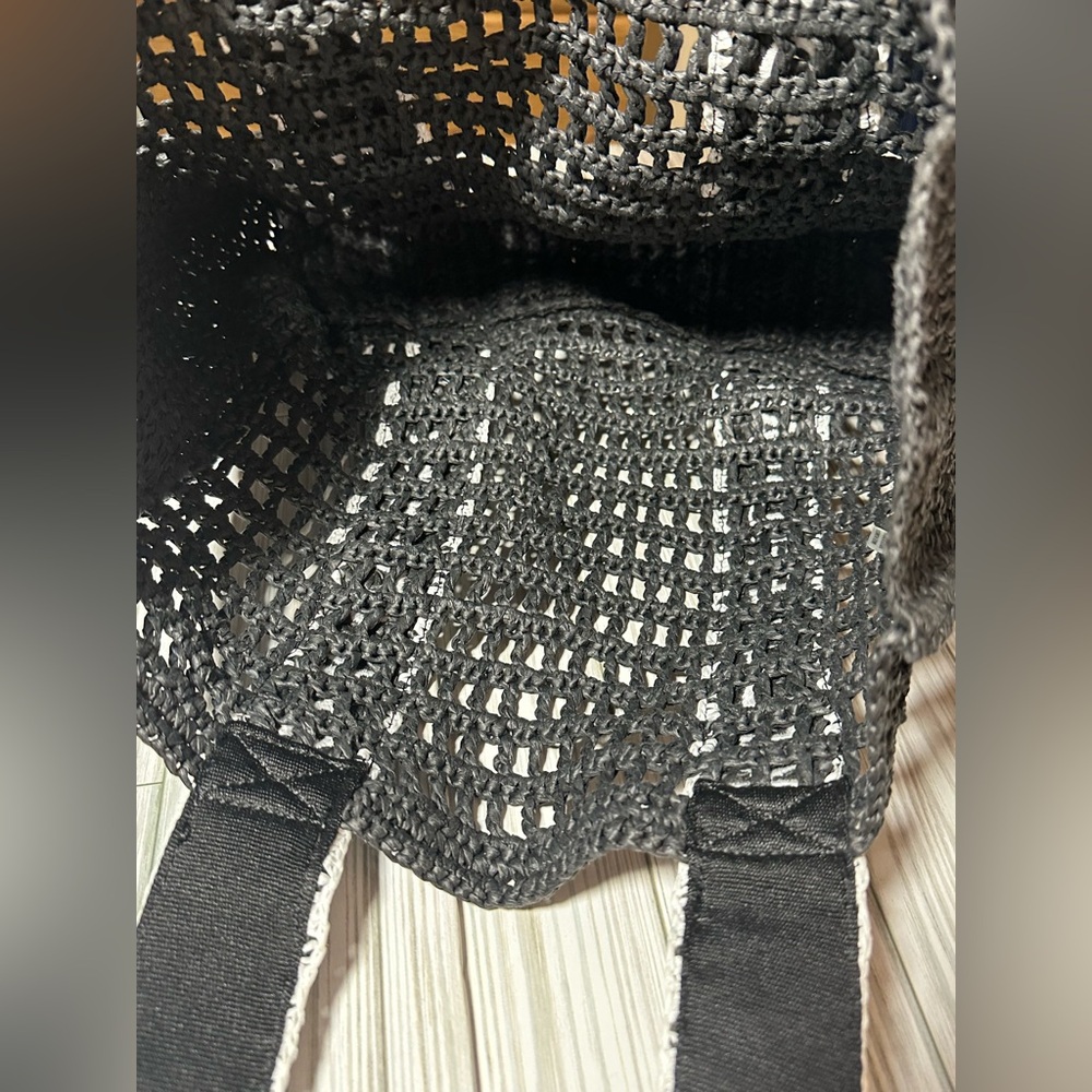 Karl Lagerfeld Paris Antibes Black Woven Straw Tote Bag Logo Straps - Picture 3 of 7